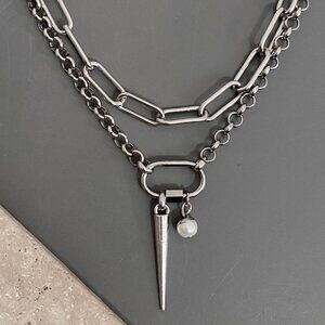NEW, 2 layered silver necklaces; steel NON TARNISH CHAIN, plated SPIKE